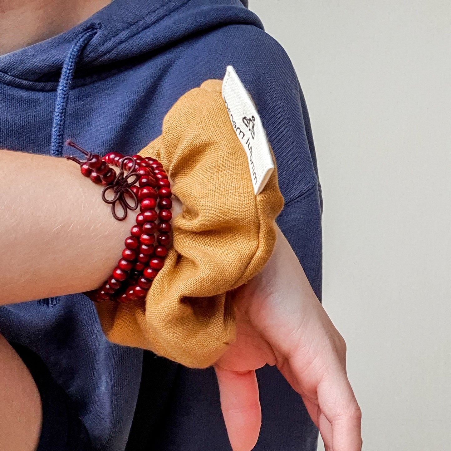 Handmade linen scrunchie and wooden mala bead bracelet